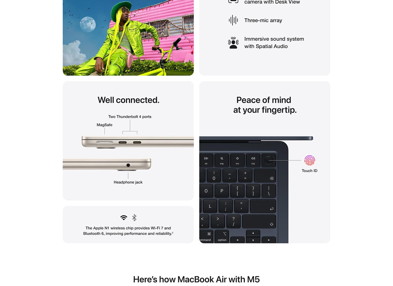 MacBook Air with M5 feature panels highlighting connectivity with MagSafe and Thunderbolt 4 ports, Touch ID security, Wi-Fi 7 and Bluetooth 6 support, immersive audio, and integrated Apple ecosystem features including iPhone continuity.